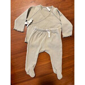 Quincy Mae Baby Wrap Top & Footed Pants Set 3-6M Organic Cotton Sage